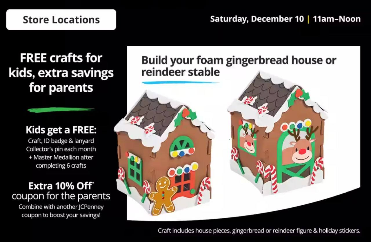 FREE Gingerbread House or Reindeer Stable Craft Activity at JCPenney on December 10th